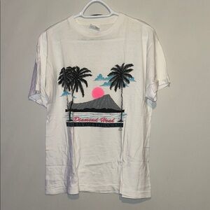 Pink and White Short Sleeve Tee with Tropical Graphic 
Vintage protect Hawaii